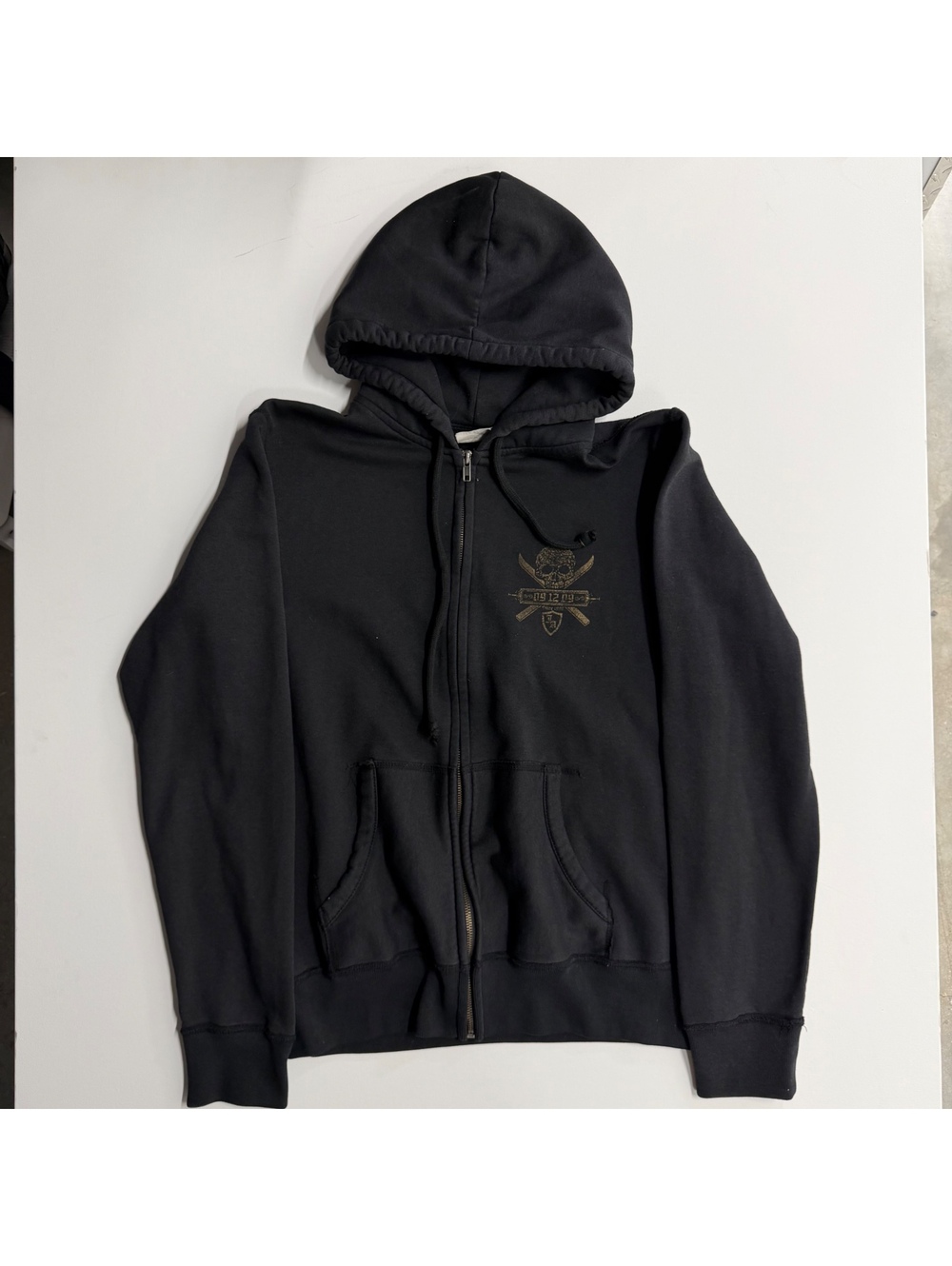 VOL Apparel Black Full Zip Hoodie with Skull and Crossed Swords Design